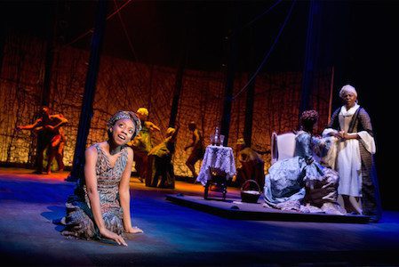 Pictured (left to right): Rachel Ferrera, Erin Mackey, Laiona Michelle, and the ensemble of Amazing Grace. Photo: Joan Marcus