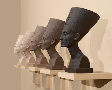 Grey Area (Brown version), 1993. Fred Wilson (American, born 1954). Paint, plaster and wood; five busts, each: 18¾ x 9 x 13 in. (47.6 x 22.9 x 33 cm); overall: 20 x 84 in. (50.8 x 213.4 cm). Brooklyn Museum; Bequest of William K. Jacobs, Jr., and bequest of Richard J. Kempe, by exchange, 2008.6a-j. (Photo: Sarah DeSantis and Jonathan Dorado, Brooklyn Museum)