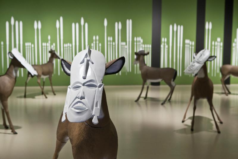 Brendan Fernandes (Canadian, born Kenya, 1979). Neo Primitivism 2, 2007-14. Installation with plastic masks, deer decoys, and vinyl spears, dimensions variable. Loan from the artist. © Brendan Fernandes. Photo: Courtesy of the artist
