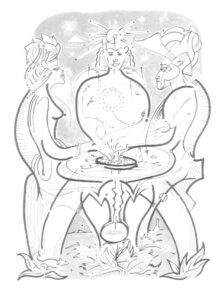 "BREAKING Bread in Peace" Ademola Olugebefola b&w hand-tinted digital print sourced from a 2008 original ltd. ed.hand-pulled lithograph from 'The Peaceful Kingdom Portfolio' / Robert Blackburn Printmaking Workshop also published in 'CenterpointNow' International Journal 2010 United Nations edition.