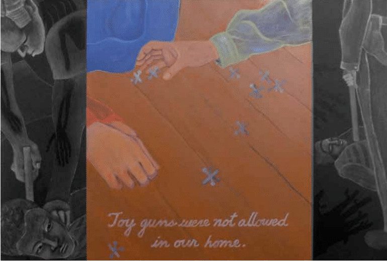 Robin Holder, No Toy Guns, 1998, monoprint with stencils and Prismacolors, 32 x 44 in. Courtesy Robin Holder