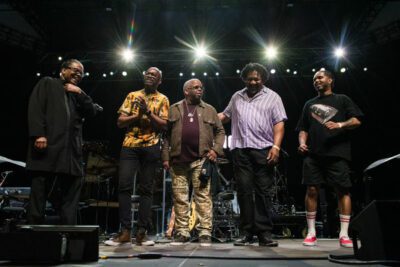(L-R) Herbie Hancock, Lionel Loueke, guitarist,  Terence Blanchard, trumpet, James Genus, bassist, Justin Tyson, drummer • Photo by Sean Jamar--Herbie Hancock and Keyon Harrold at Central Park Summerstage