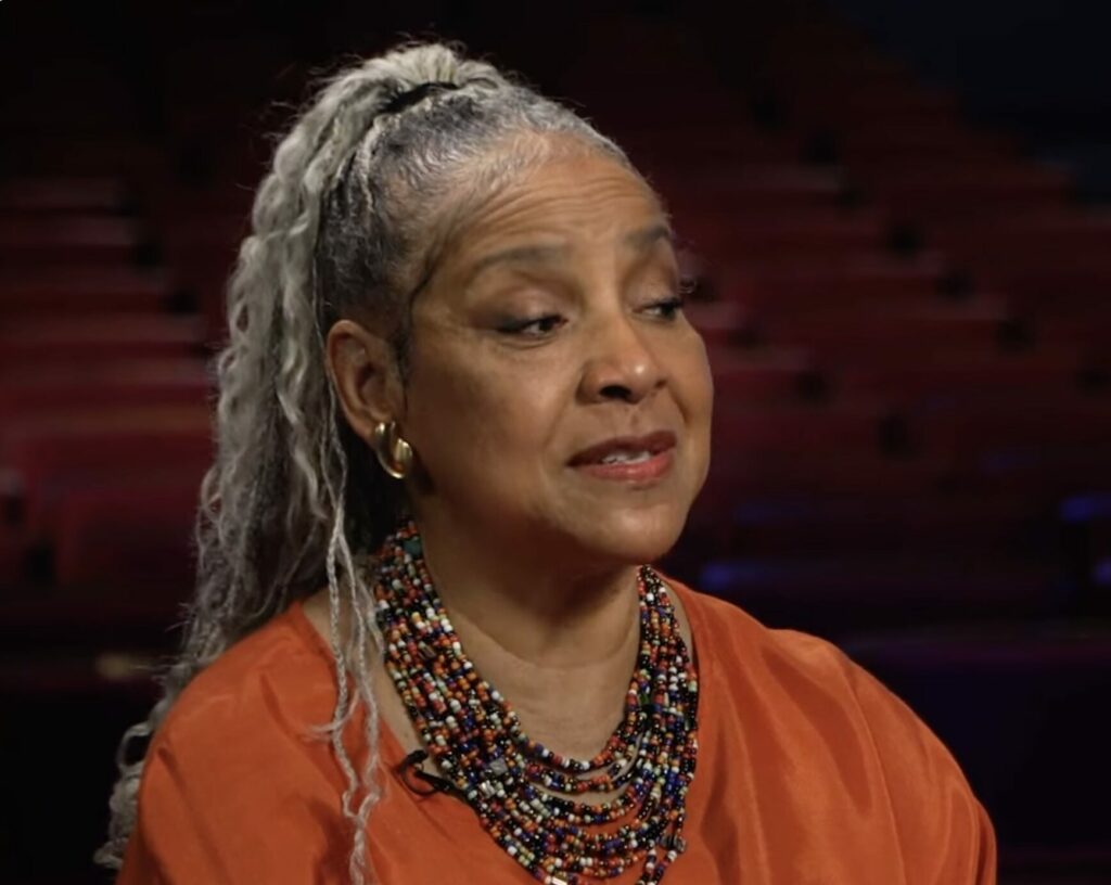 Felicia Rashad ,Actor and Educator. interview orange dress and beads Dean of Howard University's College of Fine Arts