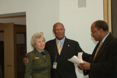 National Park Service Director Fran Mainella, Schomburg Center for Research in Black Culture Chair Howard Dodson, Park Service Deputy Director Don Murphy (L-R)