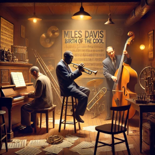 An artistic representation of Miles Davis collaborating with Gil Evans and Gunther Schuller during the creation of 'Birth of the Cool'. Two Fusions: How Gunther Schuller and Miles Davis Shaped the Future of Jazz